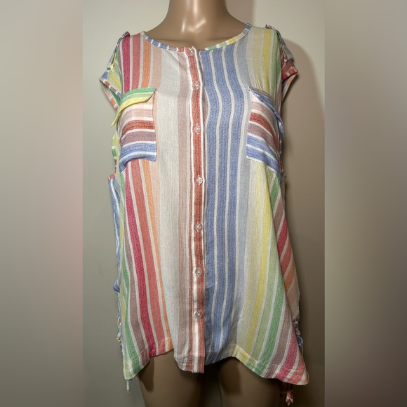 🧁Vintage Jac Dale. Sleeveless Rainbow Stripes Print with lace up side detailing. - Picture 1 of 12